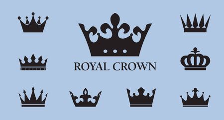 Set of vector king crowns icon on blue background. Vector Illustration. Emblem, icon and Royal symbols.のイラスト素材