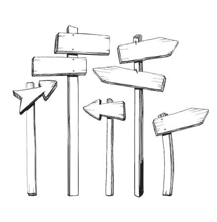 Hand drawn and empty, wooden information boards. Vector outline Illustration. Woodenのイラスト素材