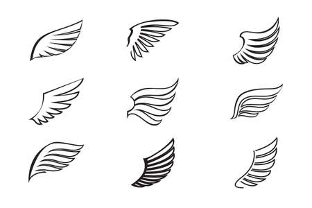 Set of black Wings. Vector Illustration and outline Icons. Symbol of freedom. Fantasy logo elements.のイラスト素材