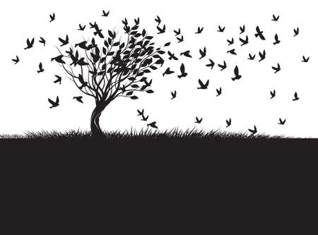 Shape of Tree, wind and black birds. Vector outline Illustration. Plant in Garden.のイラスト素材