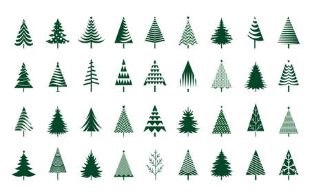 A set of green Christmas Trees. Winter season design elements and simply pictogram collection. Isolated vector xmas Icons and Illustration.のイラスト素材