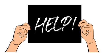 Hands with black card and teext Help me. Vector Illustration and icon.