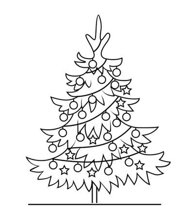 Black Christmas Tree with decoration. Vector Christmas ornament and illustration, Icon. Evergreen Tree.のイラスト素材