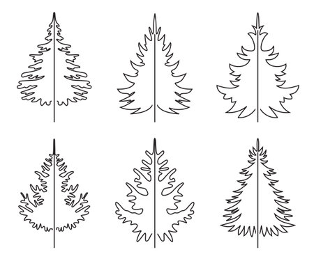 A set of outline Christmas Trees. Winter season design elements and simply pictogram collection. Isolated vector xmas Icons, pattern and Illustration.のイラスト素材