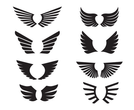 Set of Black Wings. Vector Illustration and outline Icons. Symbol of freedom.