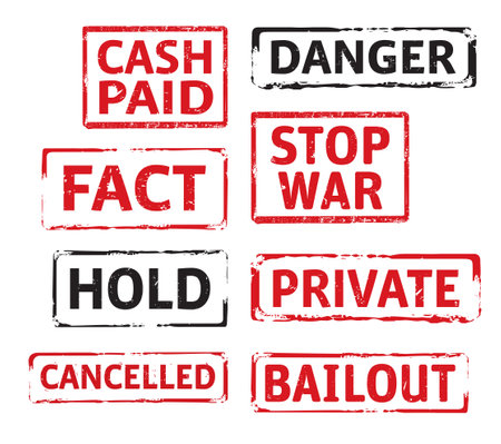 Set Red grunge stamps PRIVATE, DANGER, HOLD, FACT, PRIVATE, DANGER. Vector illustration.のイラスト素材