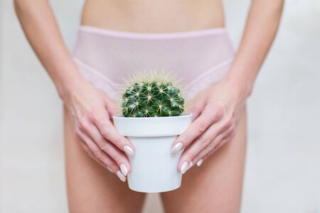 Depilation in the bikini zone concept. A woman holding a cactus in her hand staying in light pink pants with light backghoundの写真素材