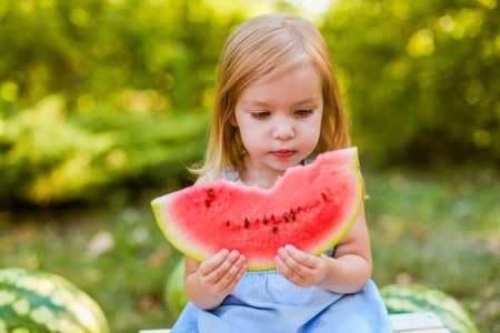 Child eating watermelon in the garden. Kids eat fruit outdoors. Healthy snack for children. 2 years old girl enjoying watermelon.の写真素材