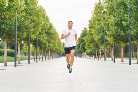 Young sports athlete man in white t-shirt run in the morning in modern park.
