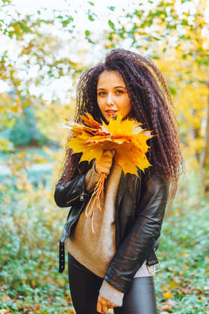 Young beautiful woman with a bouquet of yellow autumn leaves in the park on a warm autumn dayの写真素材
