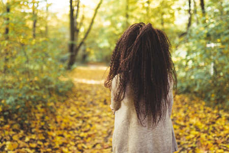 Back view of afro-haired woman wearing warm sweater walk alone in autumn park at sunny warm day....