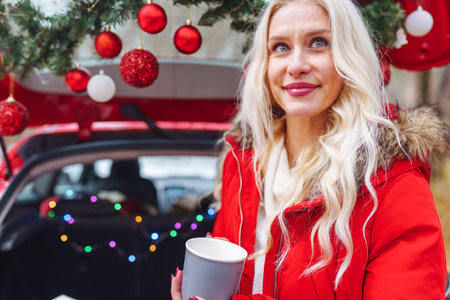 Beautiful blonde woman sit in christmas decorated car in winter forest and drink hot beverage. Christmas, new year, travel, vacationの写真素材