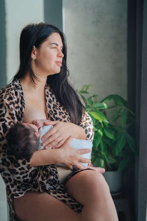 Young beautiful smiling mother in leopard clothes breastfeed newborn baby in white bodysuit holding on arms looking out window at home on sunny day. Breastfeeding, motherhood, love concept. Vertical.の写真素材
