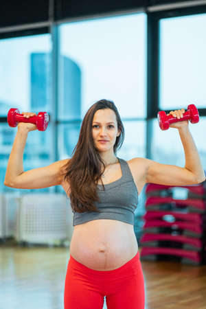 Portrait of long dark-haired pregnant woman doing aerobics in sport studio near window with red dumbbells. Light sunny day side view. Pink fit balls and carts. High building background. Sport healthyの写真素材