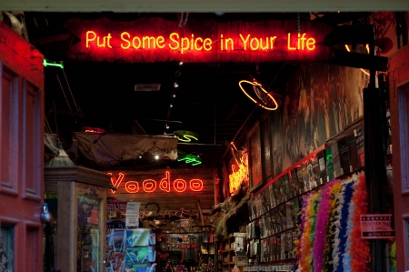 New Orleans, LA, USA - April 2, 2011: Souvenir store on famous Bourbon Street at night time in New Orleans.のeditorial素材