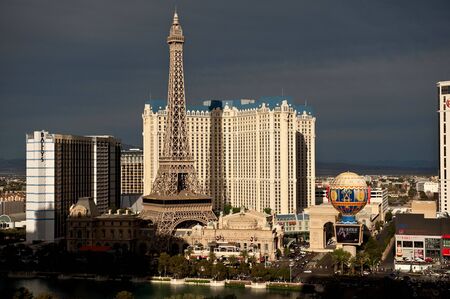 Las Vegas, Nevada, USA - April 7, 2011: Replica of the Eiffel Tower in front of Paris Hotel and Casino on Las Vegas Strip captured just before a thunderstorm.のeditorial素材
