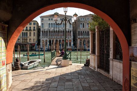 Venice, Italy - October 22, 2011: Tourists waiting for the Vaporetto on famous Grand Canal in Venice. のeditorial素材