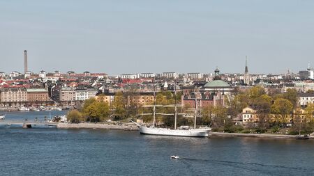 Stockholm, Sweden - May 1, 2009: Aerial view towards Skeppsholmen island and sailing ship "af Chapman". The ship built in 1888 currently serves as a youth hostel.のeditorial素材