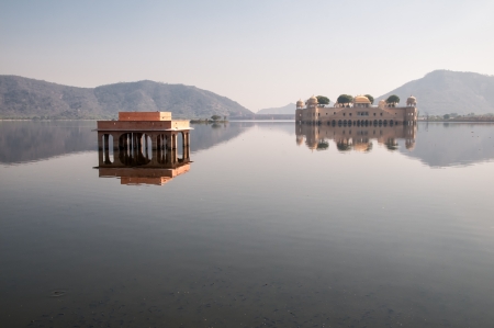 Jaipur, India - February 2, 2011: Jal Mahal, which means water palace, is located in the middle of Lake Man Sagar in Jaipur. The palace was completed in the 18th century by Maharaja Jai Singh II and combines Rajput and Mughal architectural styles.のeditorial素材