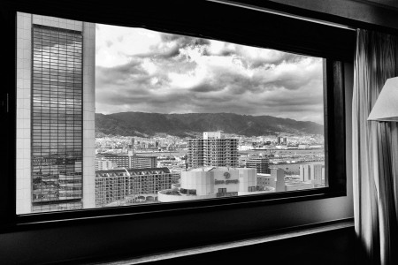 Kobe, Japan - April 3, 2013: View from a Japanese hotel room over Kobe city.のeditorial素材