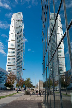 Malmo, Sweden  August 20, 2013  The Turning Torso in Malmo, Sweden  Reflection of the iconic skyscraper Turning Torso  Measuring 190 meters it is the tallest building in Scandinavia  のeditorial素材