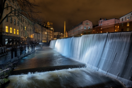 The waterfall in the famous industrial landscape in Norrkoping  Sweden at Christmas time の写真素材