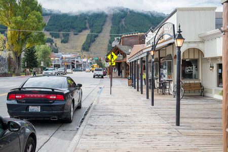 Jackson, WY, USA - October 1, 2014: US Highway 89 and Jackson Town Square. Jackson is a gateway for downhill skiing and for tourists visiting Grand Teton and Yellowstone.のeditorial素材