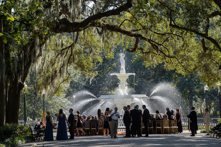 Savannah, GA, USA - October 12, 2014: Southern festive reception at Forsyth Park on in Savannah, GA. Established in 1733 Savannah is the oldest town in Georgia.のeditorial素材