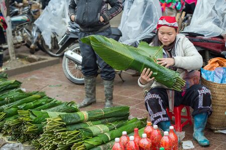 Sapa, Vietnam - February 13, 2015: Red Dao woman at a market in Sapa. Sapa is famous for its rugged scenery and its cultural diversity. Red Dao people are one of many colorful tribes.のeditorial素材