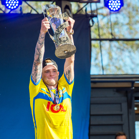 Stockholm, Sweden  July 1, 2015: John Guidetti from the team that won the country's first UEFA European Under-21 Championship title enjoy public celebration on returning back to Sweden.のeditorial素材