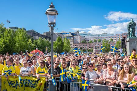 Stockholm, Sweden  July 1, 2015: Thousands of Swedish football fans welcome back the Sweden players who won the country's first UEFA European Under-21 Championship title.のeditorial素材