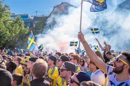Stockholm, Sweden  July 1, 2015: Thousands of Swedish football fans welcome back the Sweden players who won the country's first UEFA European Under-21 Championship title.のeditorial素材