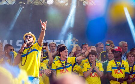 Stockholm, Sweden  July 1, 2015: Kaliffa entertains as thousands of Swedish football fans welcome back the Sweden players who won the country's first UEFA European Under-21 Championship title.のeditorial素材