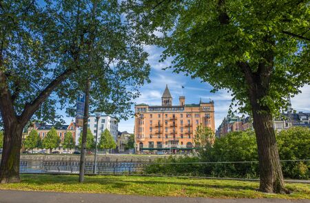 Norrkoping, Sweden  August 4, 2015: Grand Hotel and Motala river in Norrkoping. Grand Hotel is one of the most fashionable hotels in Norrkoping.のeditorial素材