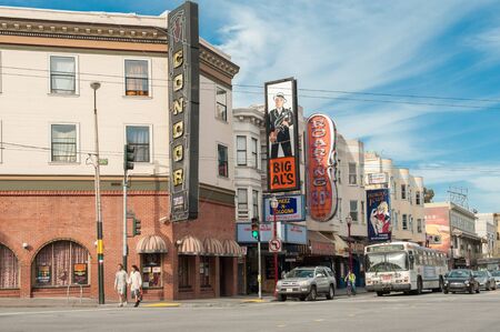 San Francisco, USA  May 2, 2012: People stroll along Broadway in San Francisco. Broadway has been known as the red-light district of San Francisco.のeditorial素材