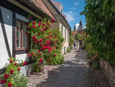 Visby, Sweden - July 8, 2016: Tourists explore a medieval alley in Visby. Visby is a historic Hanse town and a major tourist destination on Swedish Baltic sea island Gotland.のeditorial素材