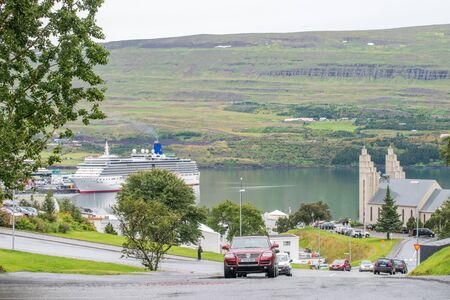 Akureyri, Iceland - August 15, 2016: Aerial view of Akureyri. Located in northern part of the country it is the second largest city in Iceland.のeditorial素材