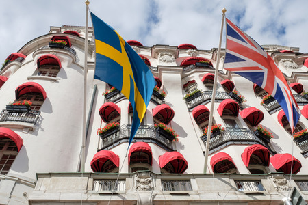 Stockholm, Sweden - July 5, 2017: The exterior with awnings of Hotel Diplomat in Stockholm. This is a classic luxury waterfront hotel in fashionable residential area Ostermalm.のeditorial素材