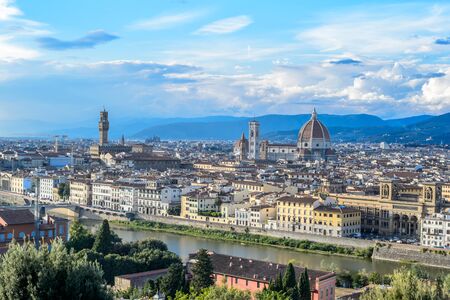 Florence, Italy - September 17, 2014:  Aerial view of river Arno and Florence from Piazzale Michelangelo. Florence is one of the major tourist destinations in Italy.のeditorial素材