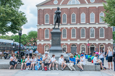 Boston, USA - June 23, 2010: Samuel Adams statue in front of Faneuil Hall, which was built in 1743 and is one of the most visited tourist sites in USA.のeditorial素材