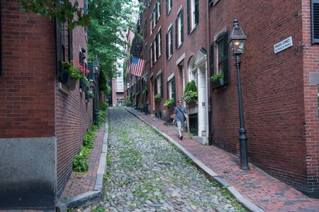 Boston, USA - June 23, 2010: Acorn Street in Beacon Hill, which is a historic residential area in Boston, Massachusettsのeditorial素材