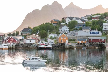 Reine, Norway - July 4, 2011: Nordic summer night in Reine at Lofoten islands in northern Norway. Reine is a picturesque fishing village and a popular travel destination.のeditorial素材