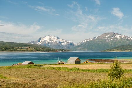 Fishing and farming at Lofoten islands during summer in northern Norwayの写真素材