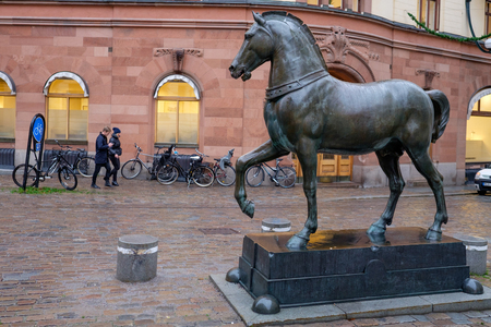 Stockholm, Sweden - November 11, 2014: Blasieholmen square on a rainy day at Blasieholmen peninsula in the city center of Stockholm. Two bronze horses inspired by the horses of Saint Mark in Venice stand on each end of the square.のeditorial素材