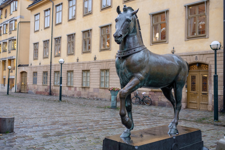 Stockholm, Sweden - November 11, 2014: Blasieholmen square on a rainy day at Blasieholmen peninsula in the city center of Stockholm. Two bronze horses inspired by the horses of Saint Mark in Venice stand on each end of the square.のeditorial素材