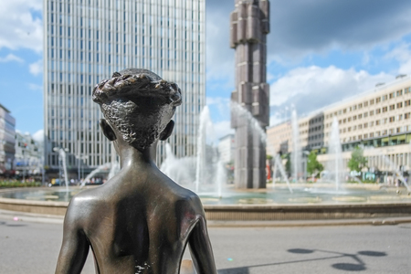 Stockholm, Sweden - August 4, 2012: Sergel square and Sergel fountain during summer in Stockholm. The iconic glass obelisk in the fountain was installed in 1974.のeditorial素材