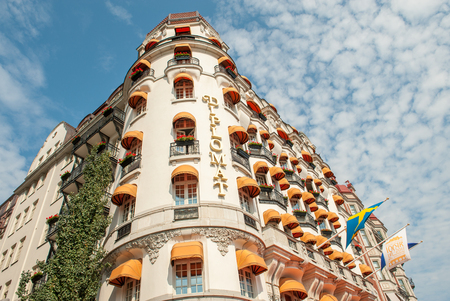 Stockholm, Sweden - July 22, 2011: Art Nouveau facade of Hotel Diplomat at fashionable waterfront street StrandvÃ¤gen in Stockholm. Some of the most expensive apartments in Sweden are located on this street.のeditorial素材