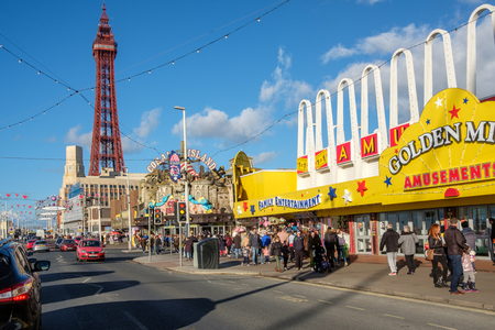 Blackpool, England - October 26, 2018: Blackpool promenade during an autumn weekend. Blackpool is one of Englands favorite seaside resorts.のeditorial素材