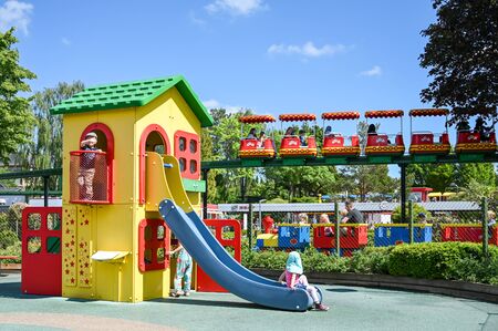 Billund, Denmark - June 7, 2019: Playground at Legoland in Billund. This family theme park opened in 1968 and is built by 65 million lego bricks.のeditorial素材