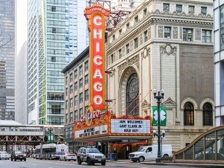 Chicago, Illinois - March 14, 2019: Chicago Theater on North State Street in downtown Chicago. This landmark theater opened in 1921.のeditorial素材